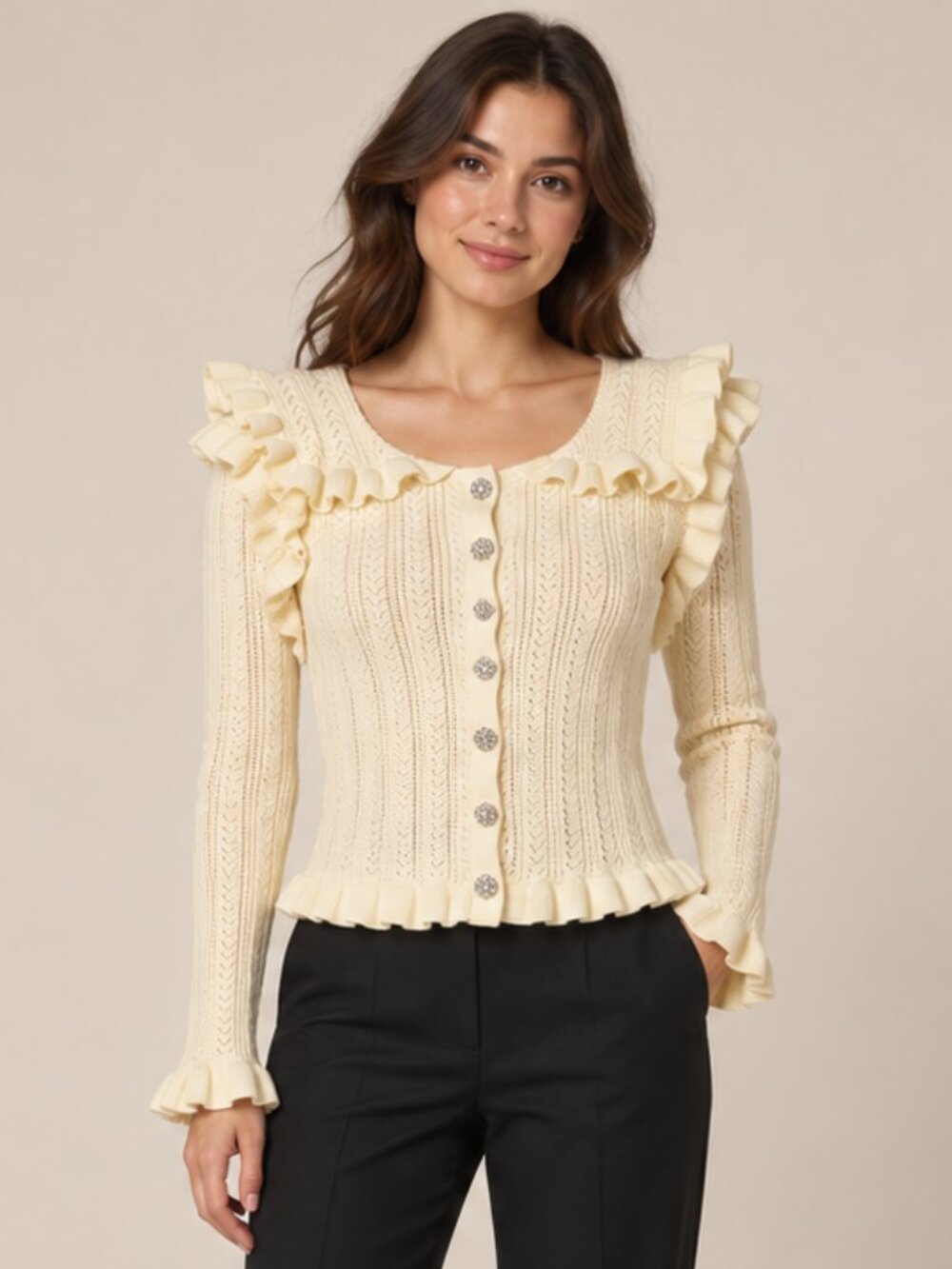 Zara Women’s XS Cream Pointelle Ruffle Cardigan Jeweled Buttons
